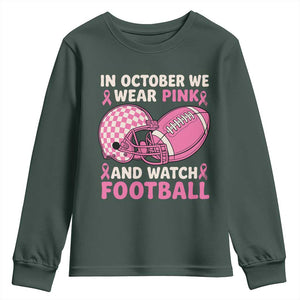 In October We Wear Pink Football Breast Cancer Awareness Youth Sweatshirt Pink Ribbon Checkered Game Day TS10 Dark Forest Green Print Your Wear