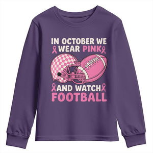 In October We Wear Pink Football Breast Cancer Awareness Youth Sweatshirt Pink Ribbon Checkered Game Day TS10 Purple Print Your Wear