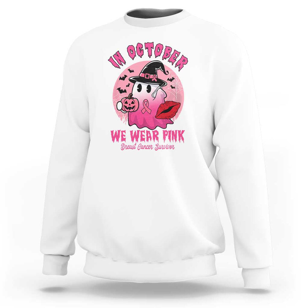 Breast Cancer Awareness Sweatshirt I'm A Survivor In October We Wear Pink Ghost Halloween Pink Ribbon Pumpkin TS10 White Print Your Wear