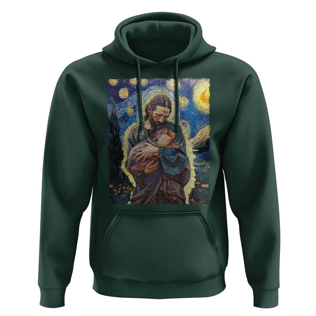 Funny Moo-Deng Baby Pygmy Hippo Hoodie Cute Zoo For Family Jesus Loves Moo Deng Van Gogh Starry Night TS10 Dark Forest Green Print Your Wear