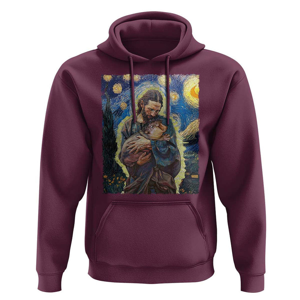 Funny Moo-Deng Baby Pygmy Hippo Hoodie Cute Zoo For Family Jesus Loves Moo Deng Van Gogh Starry Night TS10 Maroon Print Your Wear