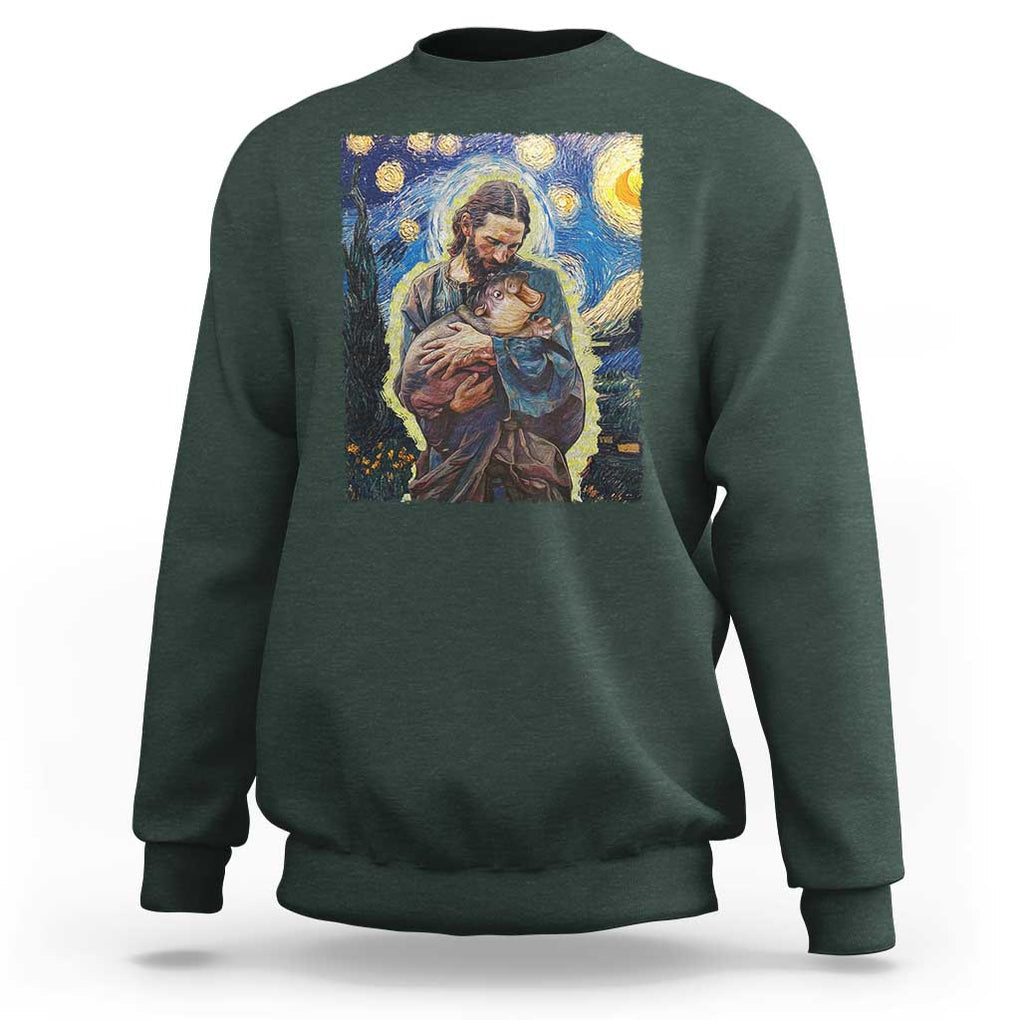 Funny Moo-Deng Baby Pygmy Hippo Sweatshirt Cute Zoo For Family Jesus Loves Moo Deng Van Gogh Starry Night TS10 Dark Forest Green Print Your Wear