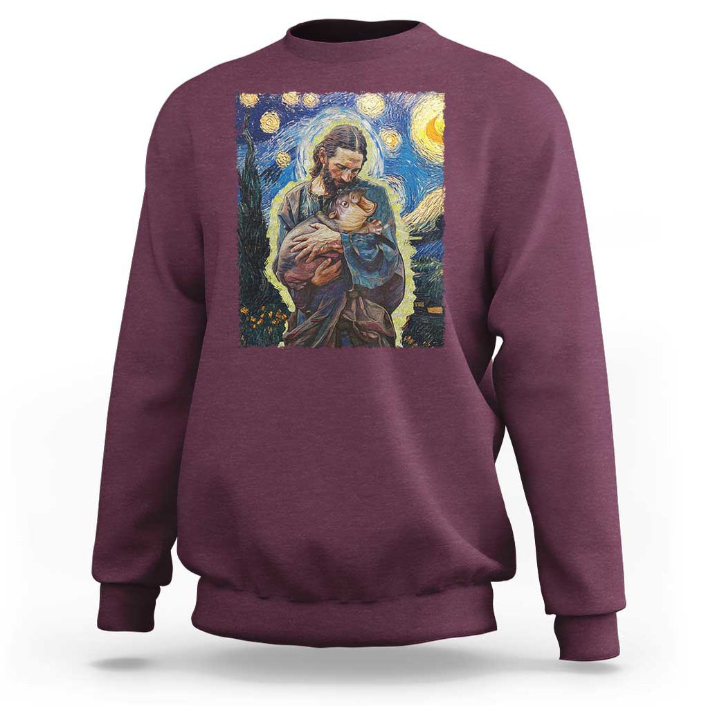 Funny Moo-Deng Baby Pygmy Hippo Sweatshirt Cute Zoo For Family Jesus Loves Moo Deng Van Gogh Starry Night TS10 Maroon Print Your Wear