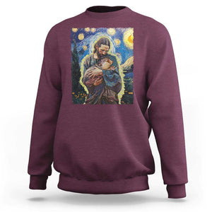 Funny Moo-Deng Baby Pygmy Hippo Sweatshirt Cute Zoo For Family Jesus Loves Moo Deng Van Gogh Starry Night TS10 Maroon Print Your Wear