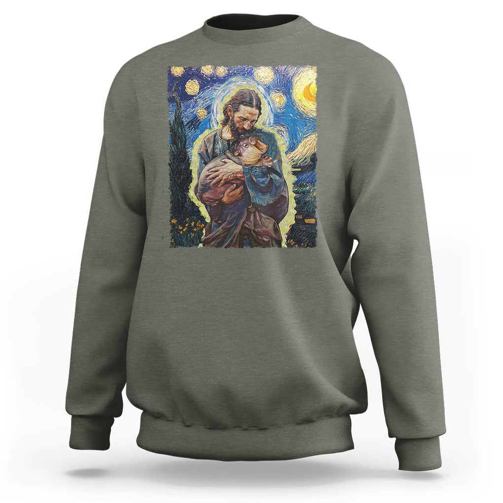 Funny Moo-Deng Baby Pygmy Hippo Sweatshirt Cute Zoo For Family Jesus Loves Moo Deng Van Gogh Starry Night TS10 Military Green Print Your Wear