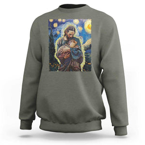 Funny Moo-Deng Baby Pygmy Hippo Sweatshirt Cute Zoo For Family Jesus Loves Moo Deng Van Gogh Starry Night TS10 Military Green Print Your Wear