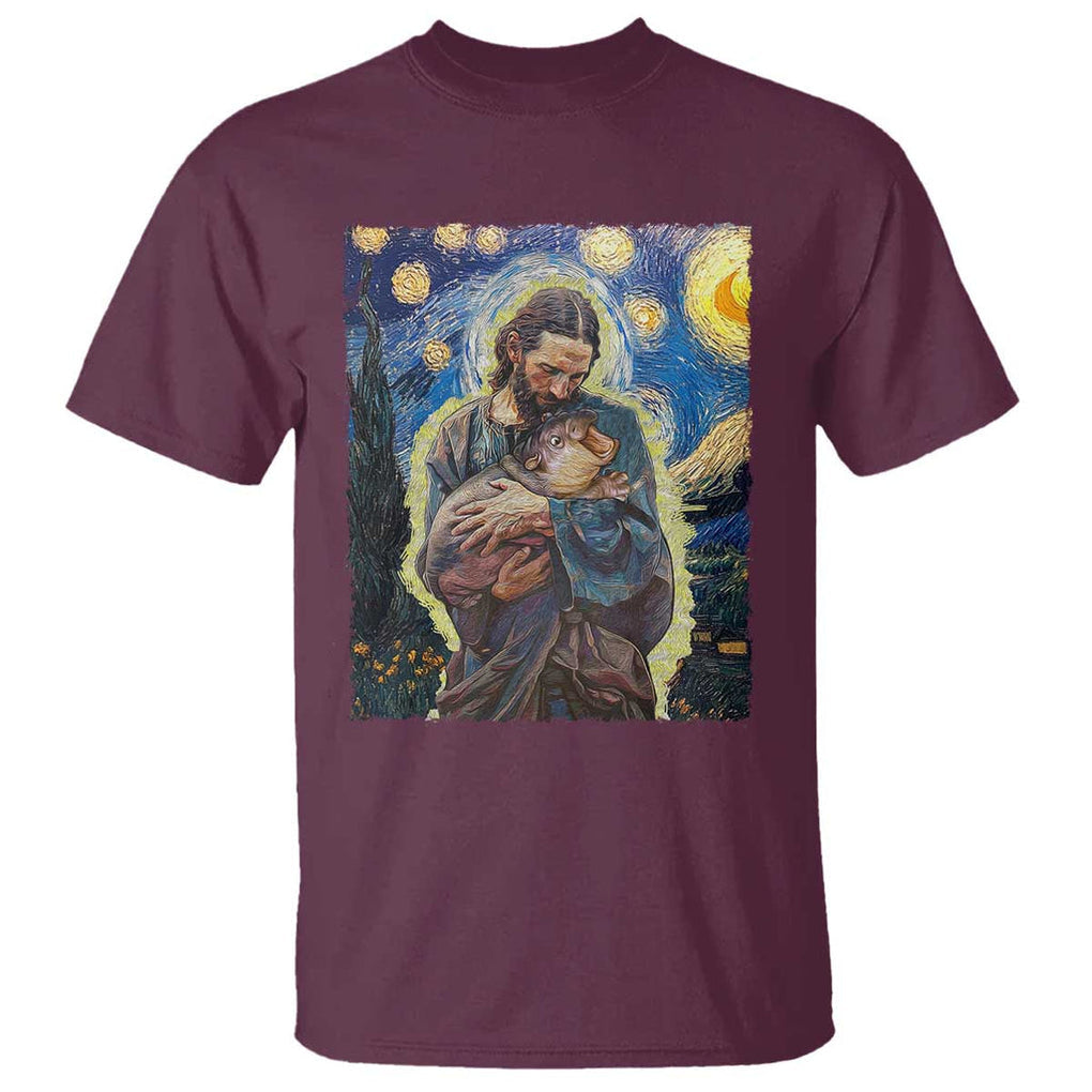 Funny Moo-Deng Baby Pygmy Hippo T Shirt Cute Zoo For Family Jesus Loves Moo Deng Van Gogh Starry Night TS10 Maroon Print Your Wear