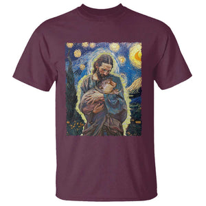 Funny Moo-Deng Baby Pygmy Hippo T Shirt Cute Zoo For Family Jesus Loves Moo Deng Van Gogh Starry Night TS10 Maroon Print Your Wear