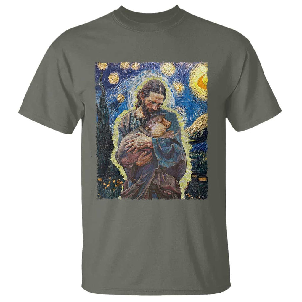 Funny Moo-Deng Baby Pygmy Hippo T Shirt Cute Zoo For Family Jesus Loves Moo Deng Van Gogh Starry Night TS10 Military Green Print Your Wear