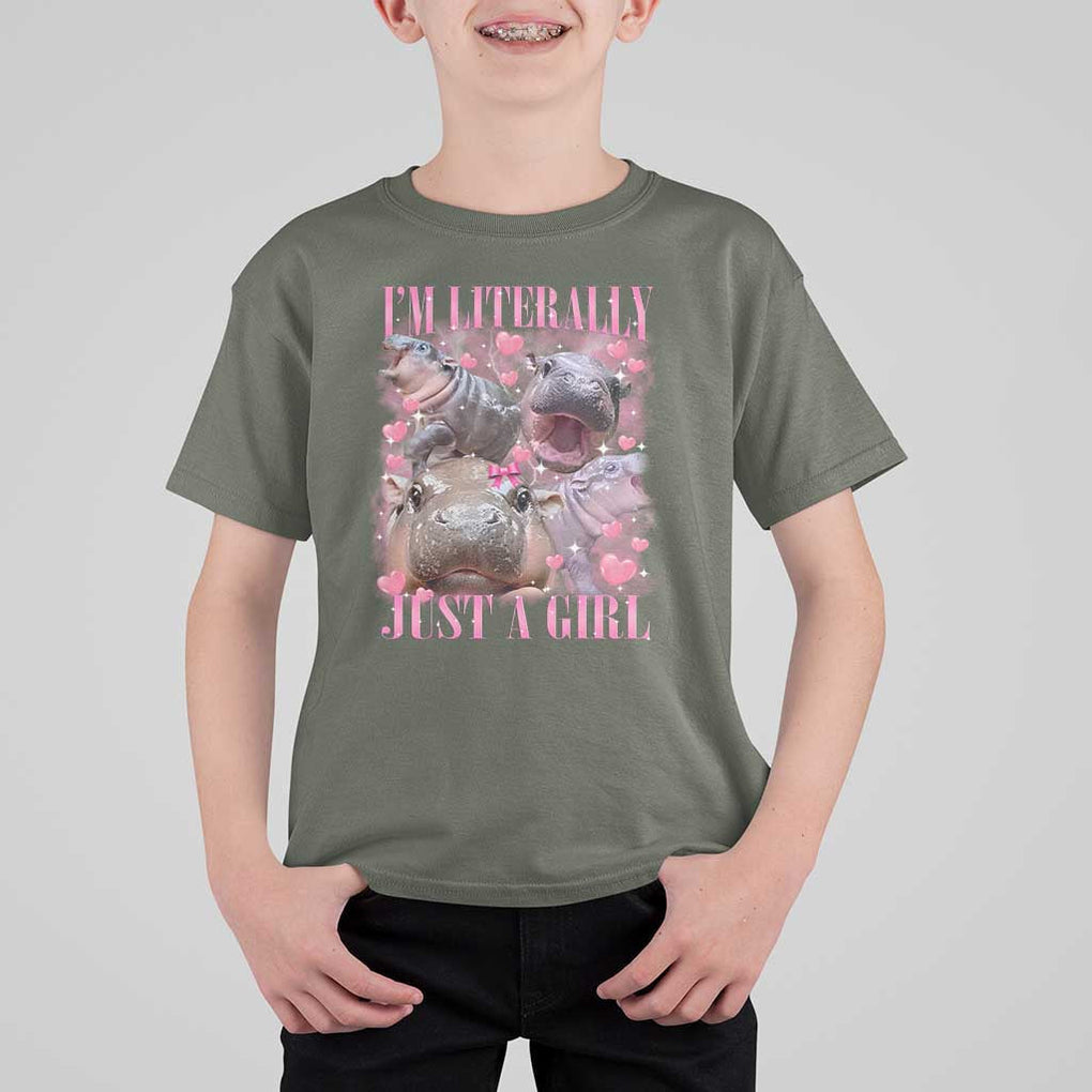 Funny Moo-Deng Baby Pygmy Hippo T Shirt For Kid Funny I'm Literally Just a Girl Cute Zoo For Family TS10 Military Green Print Your Wear