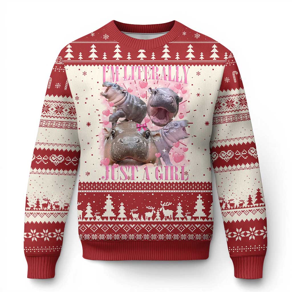 Funny Moo Deng Baby Pygmy Hippo Knit Sweatshirt Funny I'm Literally Just a Girl Cute Zoo For Family TS10 Red Print Your Wear