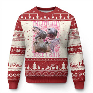 Funny Moo Deng Baby Pygmy Hippo Knit Sweatshirt Funny I'm Literally Just a Girl Cute Zoo For Family TS10 Red Print Your Wear