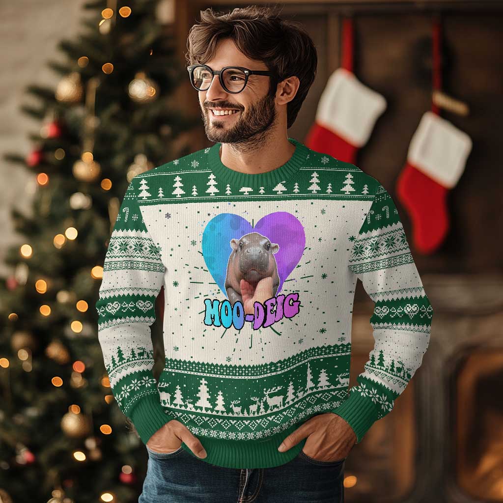 Funny Moo Deng Baby Pygmy Hippo Knit Sweatshirt Heart Shape Cute Zoo For Family TS10 Green Print Your Wear