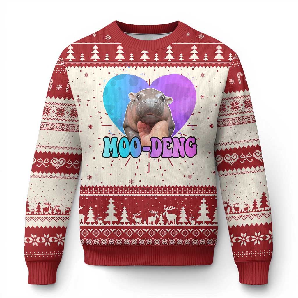 Funny Moo Deng Baby Pygmy Hippo Knit Sweatshirt Heart Shape Cute Zoo For Family TS10 Red Print Your Wear