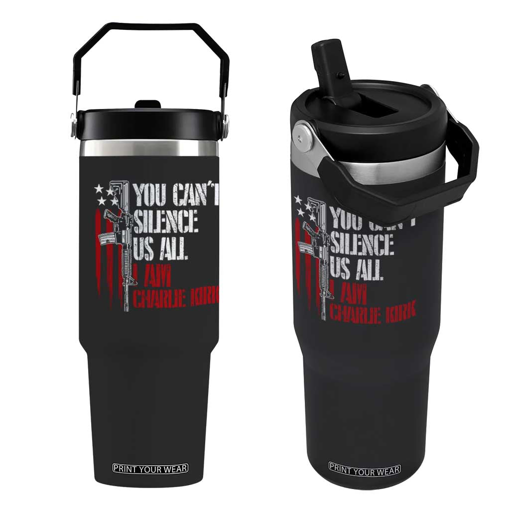 Charlie Kirk Flip Straw Tumbler You Cant Silence Us All USA Flag TS10 One Size: 30 oz Black Print Your Wear