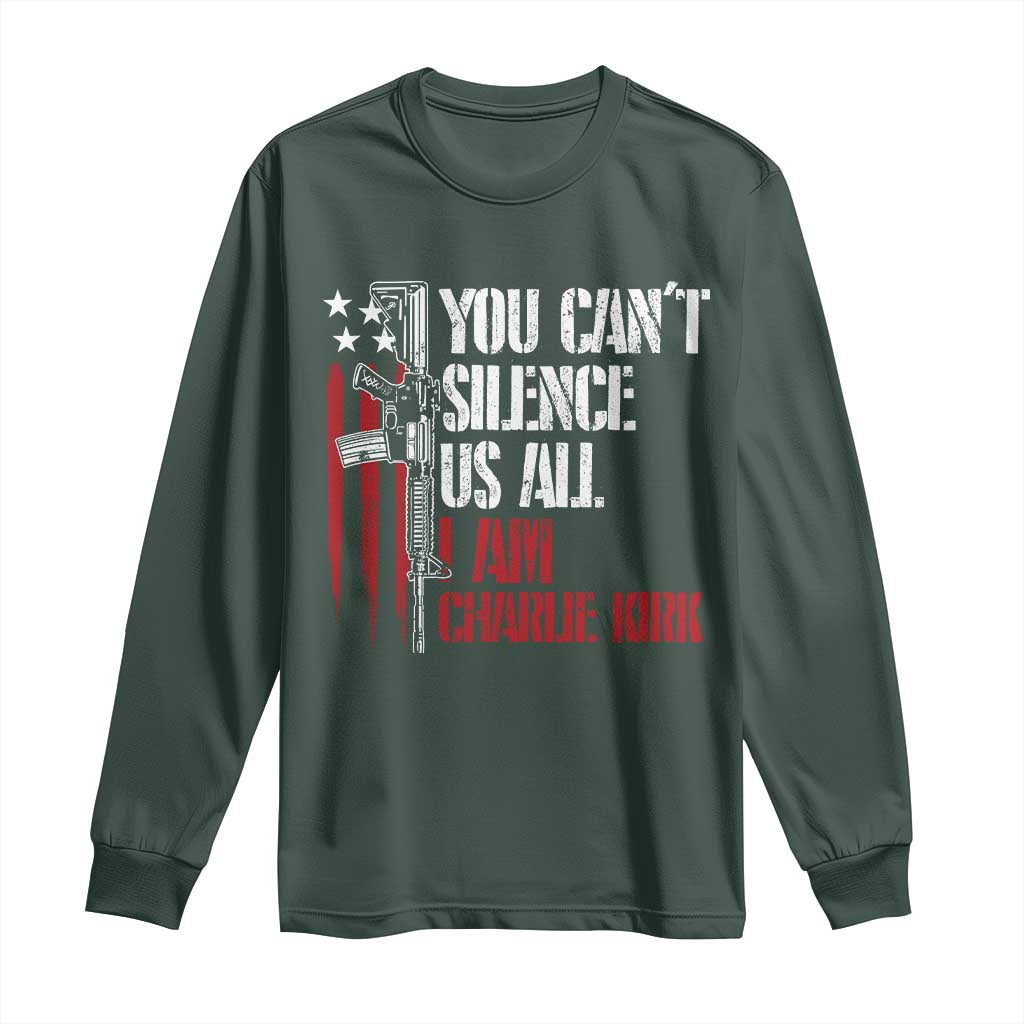 Charlie Kirk Long Sleeve Shirt You Cant Silence Us All USA Flag TS10 Dark Forest Green Print Your Wear