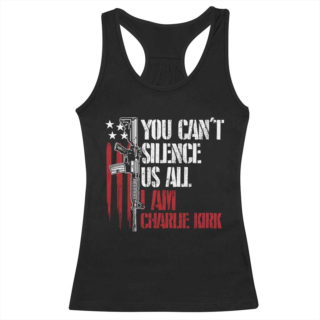 Charlie Kirk Racerback Tank Top You Cant Silence Us All USA Flag - Print Your Wear