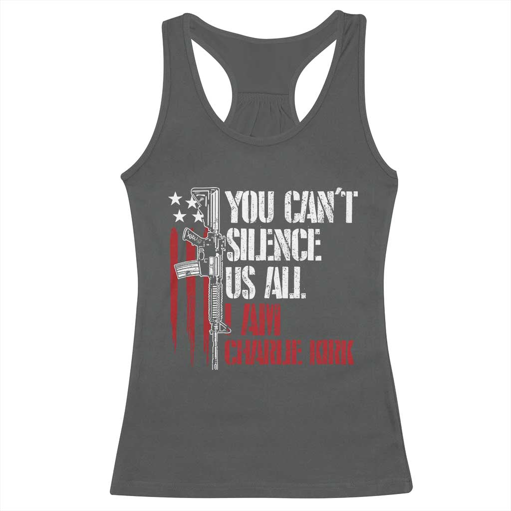Charlie Kirk Racerback Tank Top You Cant Silence Us All USA Flag - Print Your Wear