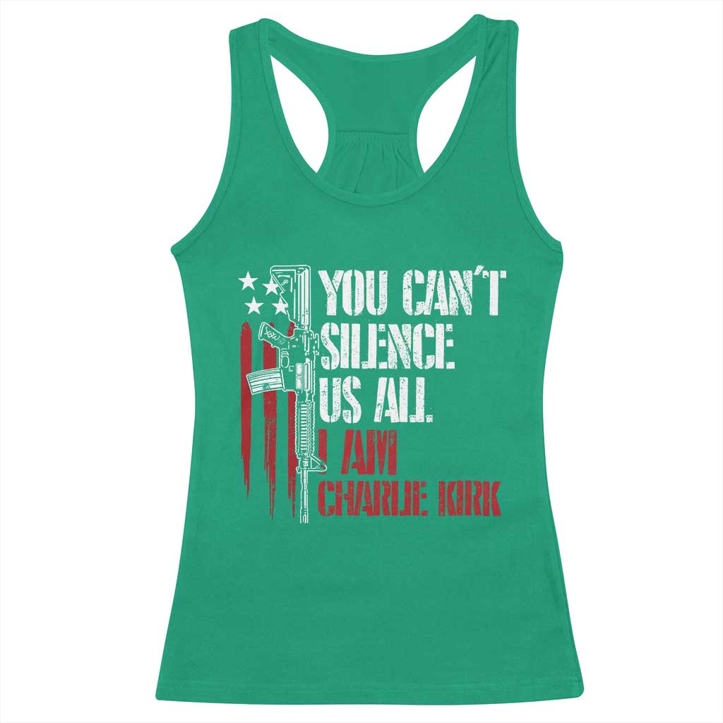 Charlie Kirk Racerback Tank Top You Cant Silence Us All USA Flag - Print Your Wear