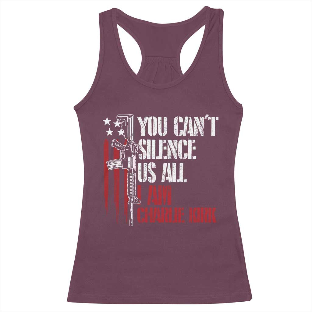 Charlie Kirk Racerback Tank Top You Cant Silence Us All USA Flag - Print Your Wear