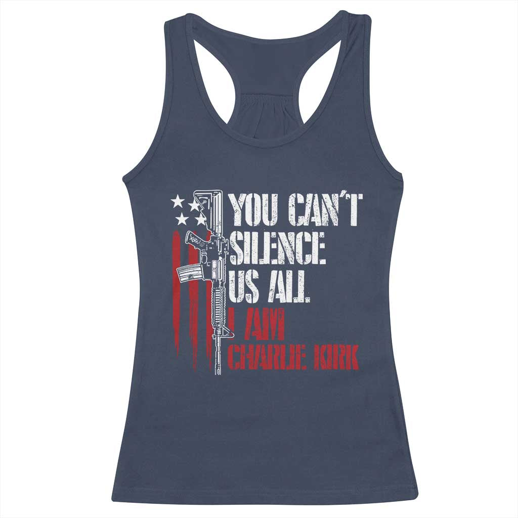 Charlie Kirk Racerback Tank Top You Cant Silence Us All USA Flag - Print Your Wear