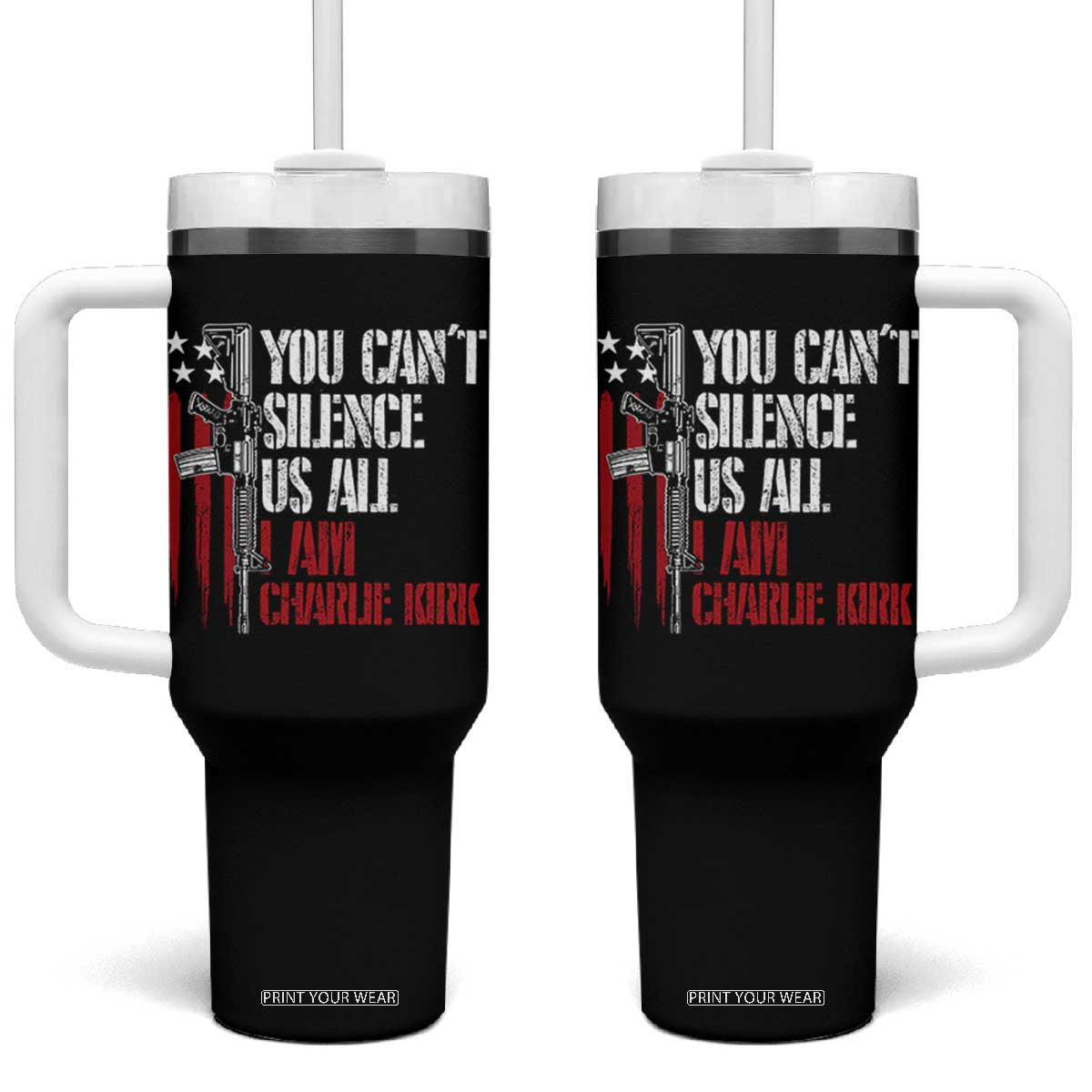 Charlie Kirk Tumbler With Handle You Cant Silence Us All USA Flag TS10 One Size: 40 oz Black Print Your Wear