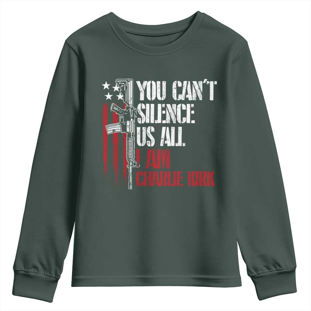 Charlie Kirk Youth Sweatshirt You Cant Silence Us All USA Flag TS10 Dark Forest Green Print Your Wear