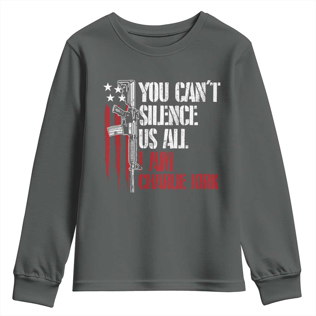 Charlie Kirk Youth Sweatshirt You Cant Silence Us All USA Flag TS10 Dark Heather Print Your Wear
