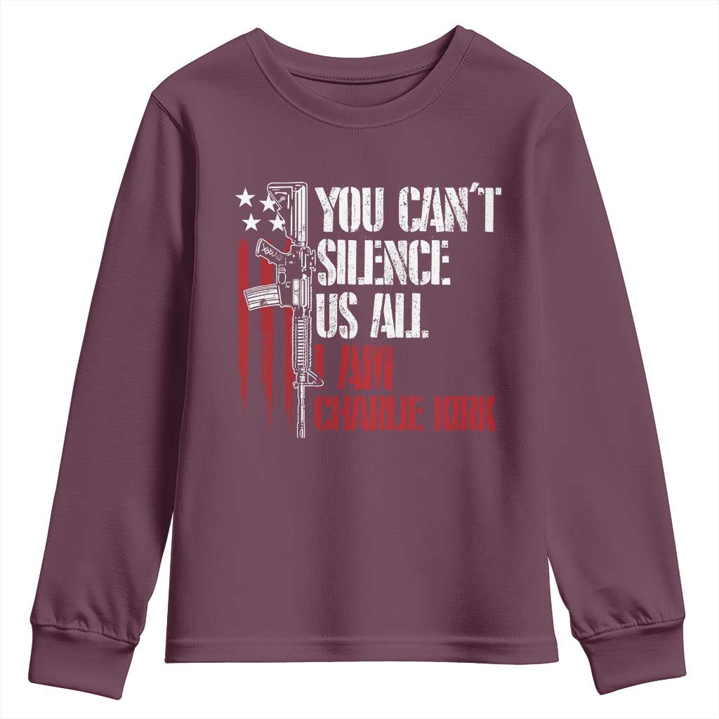 Charlie Kirk Youth Sweatshirt You Cant Silence Us All USA Flag TS10 Maroon Print Your Wear