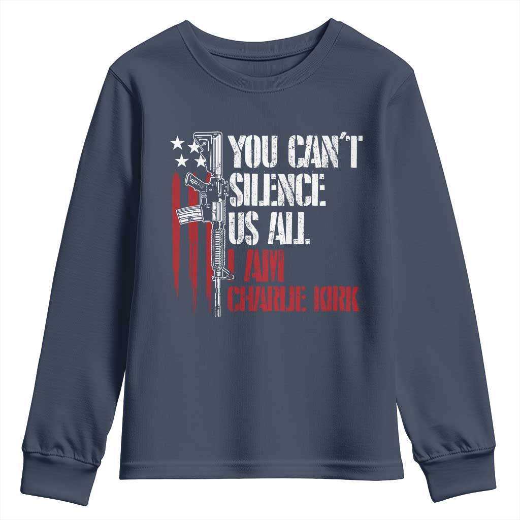 Charlie Kirk Youth Sweatshirt You Cant Silence Us All USA Flag TS10 Navy Print Your Wear