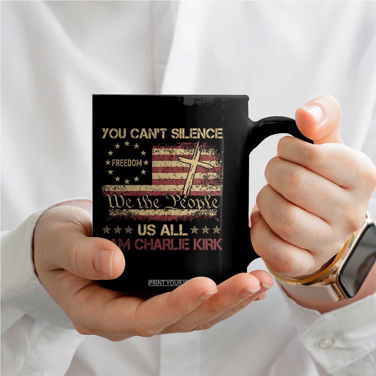 Charlie Kirk Coffee Mug You Cant Silence Us All Retro American Flag Cross TS10 Print Your Wear