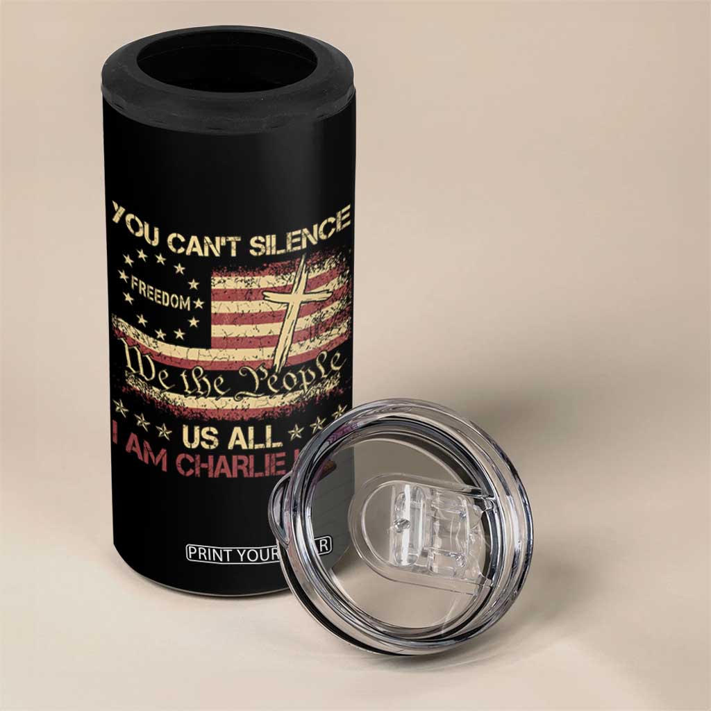 Charlie Kirk 4 in 1 Can Cooler Tumbler You Cant Silence Us All Retro American Flag Cross TS10 Print Your Wear