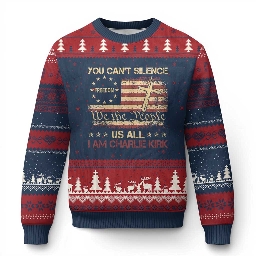 Charlie Kirk Ugly Christmas Sweater You Cant Silence Us All Retro American Flag Cross TS10 Navy Red Print Your Wear