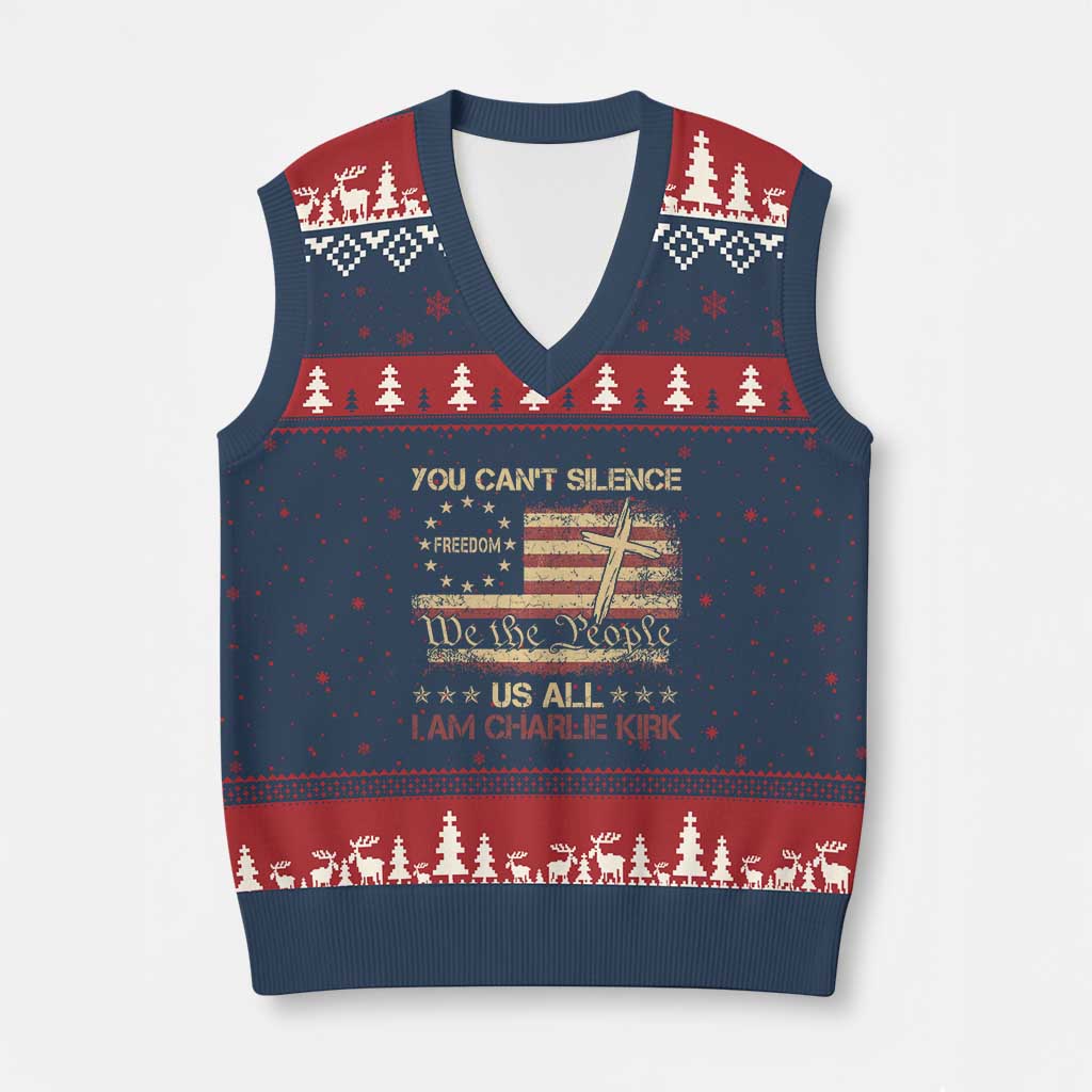 Charlie Kirk V-Neck Knit Sweater Vest You Cant Silence Us All Retro American Flag Cross TS10 Navy Red Print Your Wear