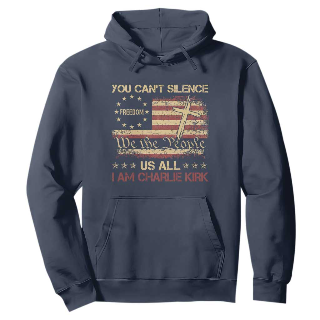 Charlie Kirk Hoodie You Cant Silence Us All Retro American Flag Cross TS10 Navy Print Your Wear