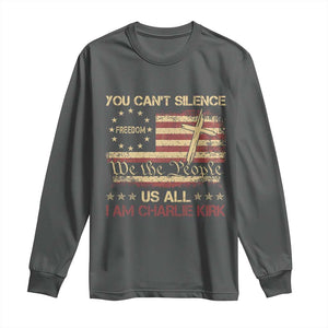 Charlie Kirk Long Sleeve Shirt You Cant Silence Us All Retro American Flag Cross TS10 Dark Heather Print Your Wear