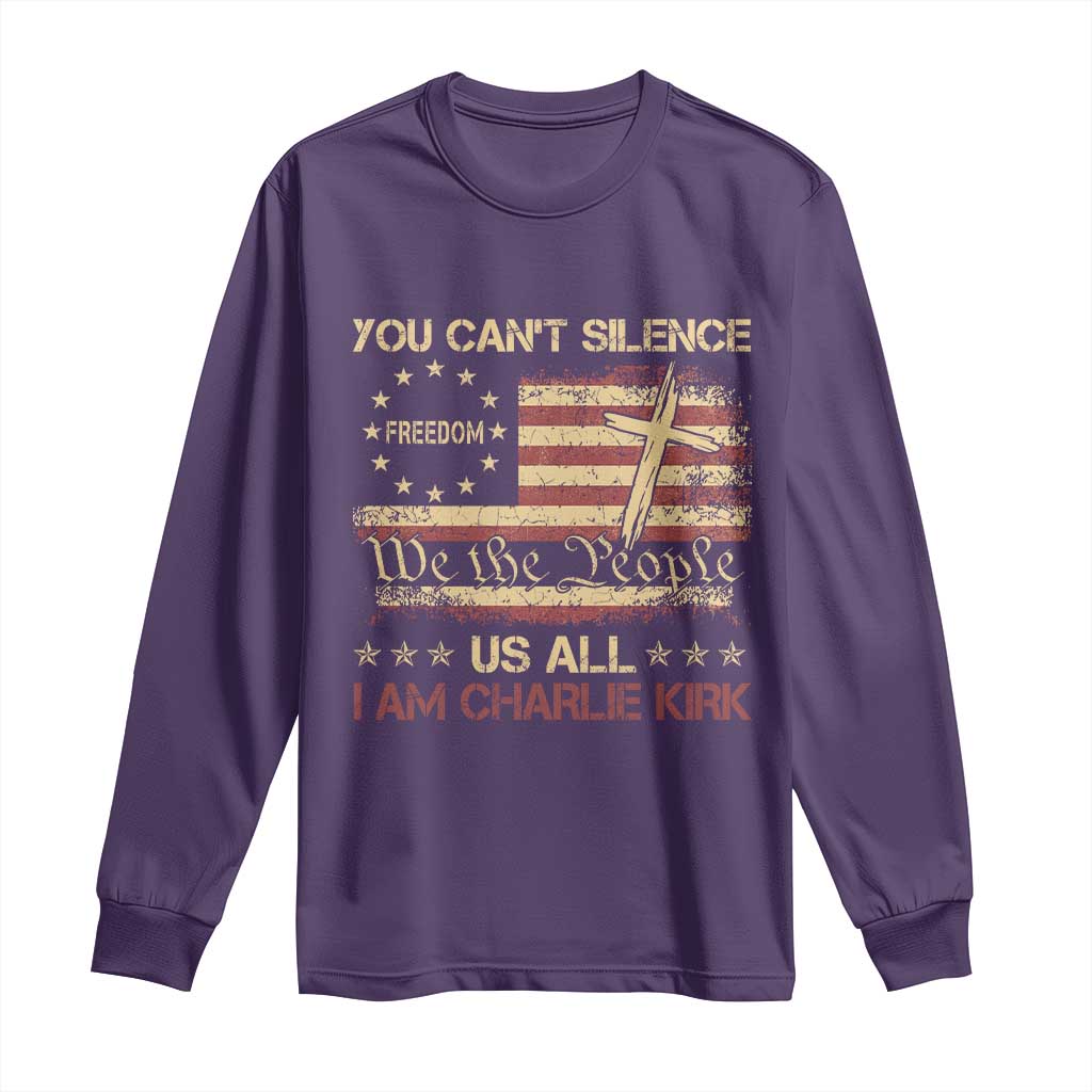 Charlie Kirk Long Sleeve Shirt You Cant Silence Us All Retro American Flag Cross TS10 Purple Print Your Wear