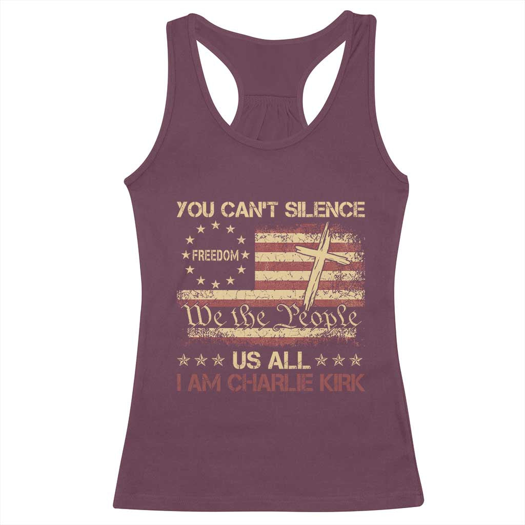 Charlie Kirk Racerback Tank Top You Cant Silence Us All Retro American Flag Cross - Print Your Wear