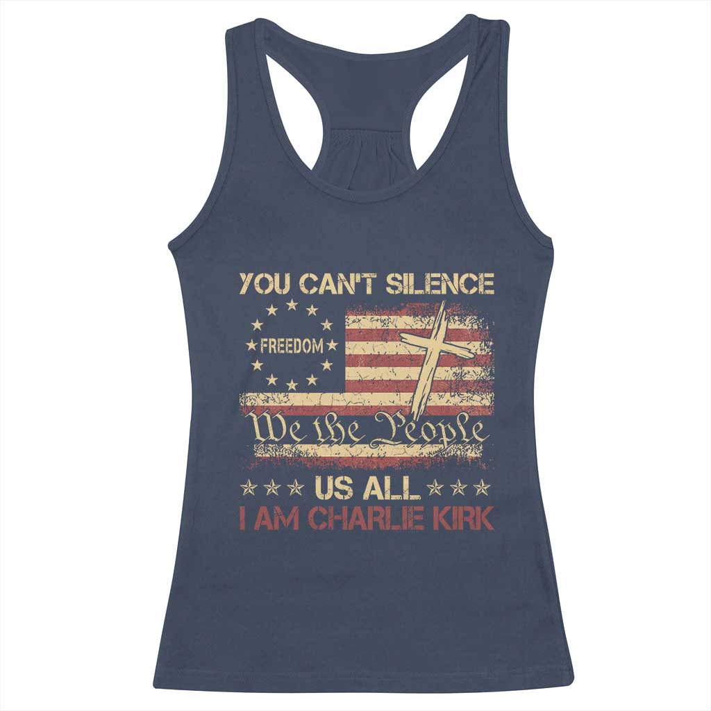 Charlie Kirk Racerback Tank Top You Cant Silence Us All Retro American Flag Cross - Print Your Wear