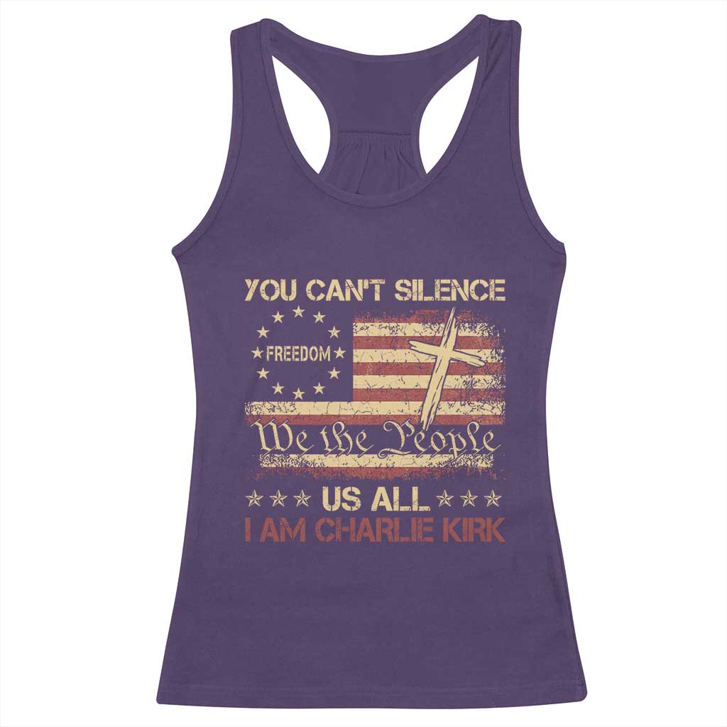 Charlie Kirk Racerback Tank Top You Cant Silence Us All Retro American Flag Cross - Print Your Wear