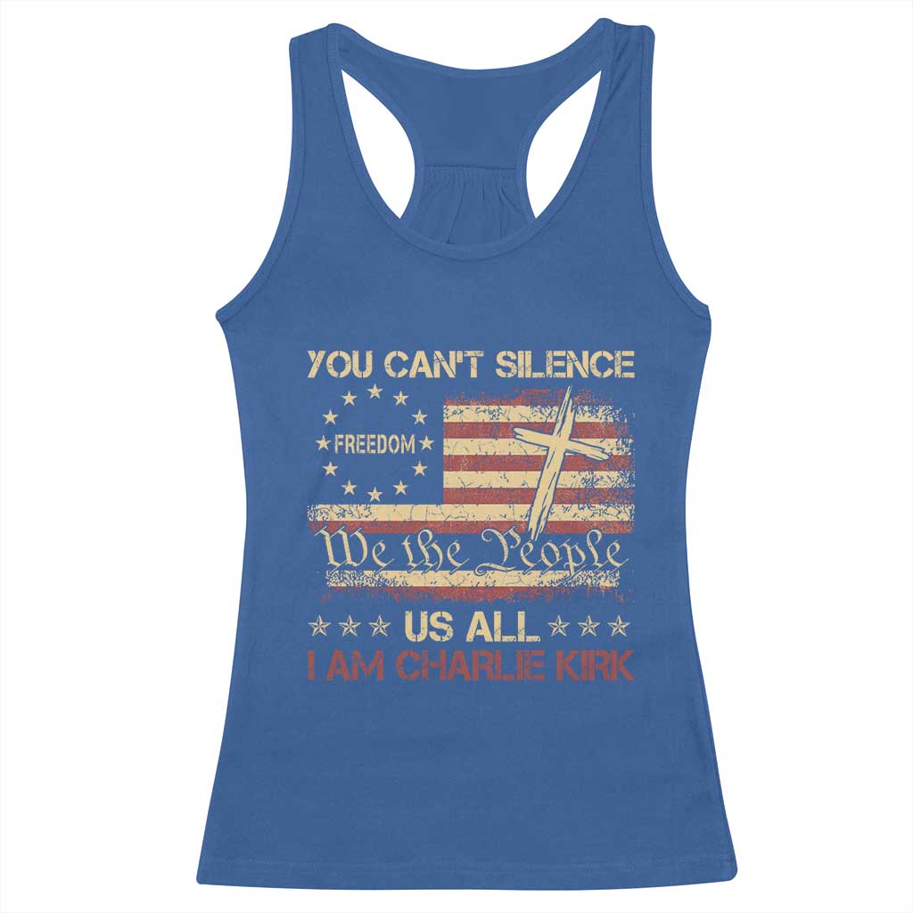 Charlie Kirk Racerback Tank Top You Cant Silence Us All Retro American Flag Cross - Print Your Wear