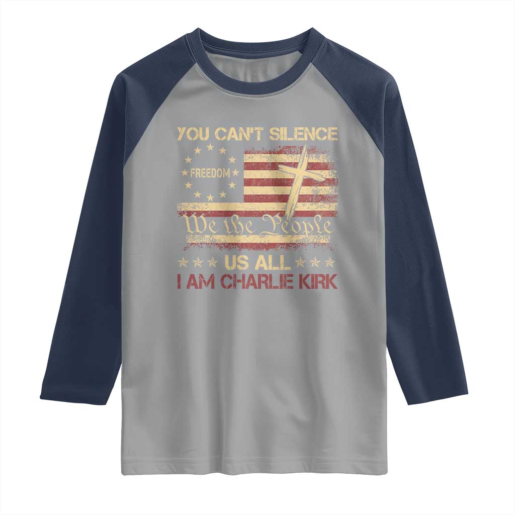 Charlie Kirk Raglan Shirt You Cant Silence Us All Retro American Flag Cross TS10 Sport Gray Navy Print Your Wear