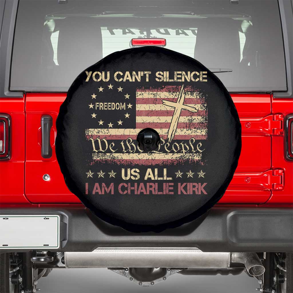 Charlie Kirk Spare Tire Cover You Cant Silence Us All Retro American Flag Cross TS10 Black Print Your Wear