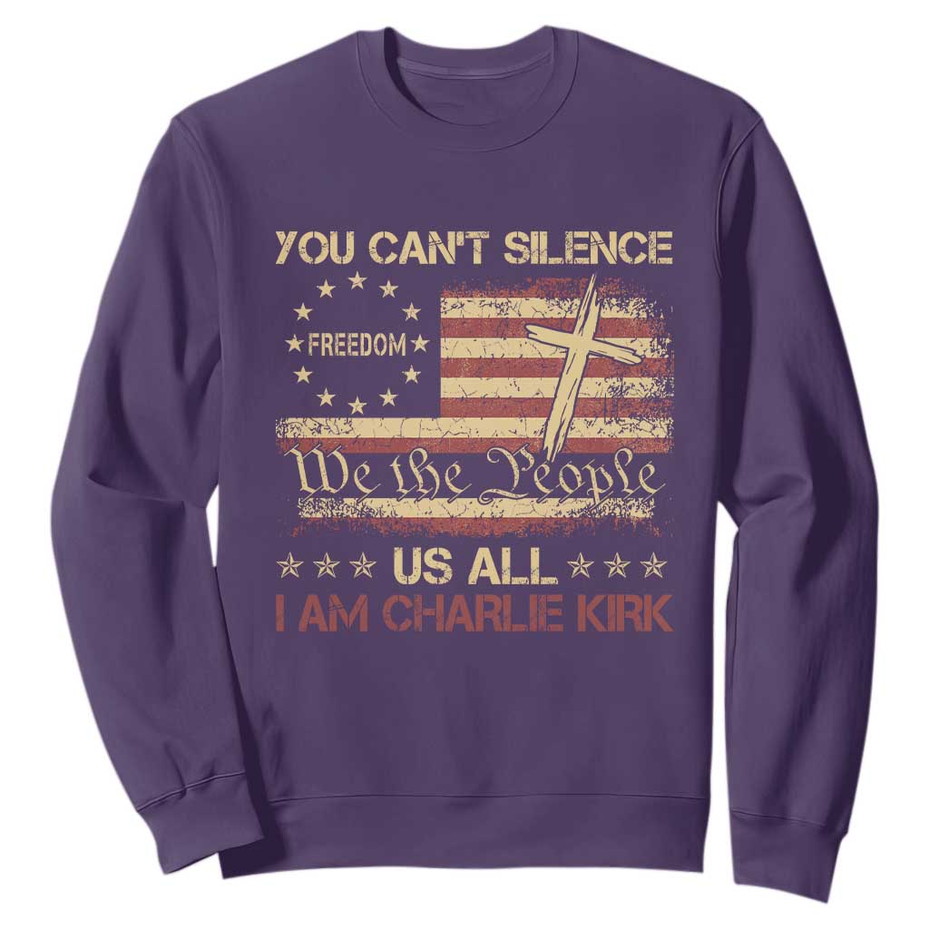 Charlie Kirk Sweatshirt You Cant Silence Us All Retro American Flag Cross TS10 Purple Print Your Wear