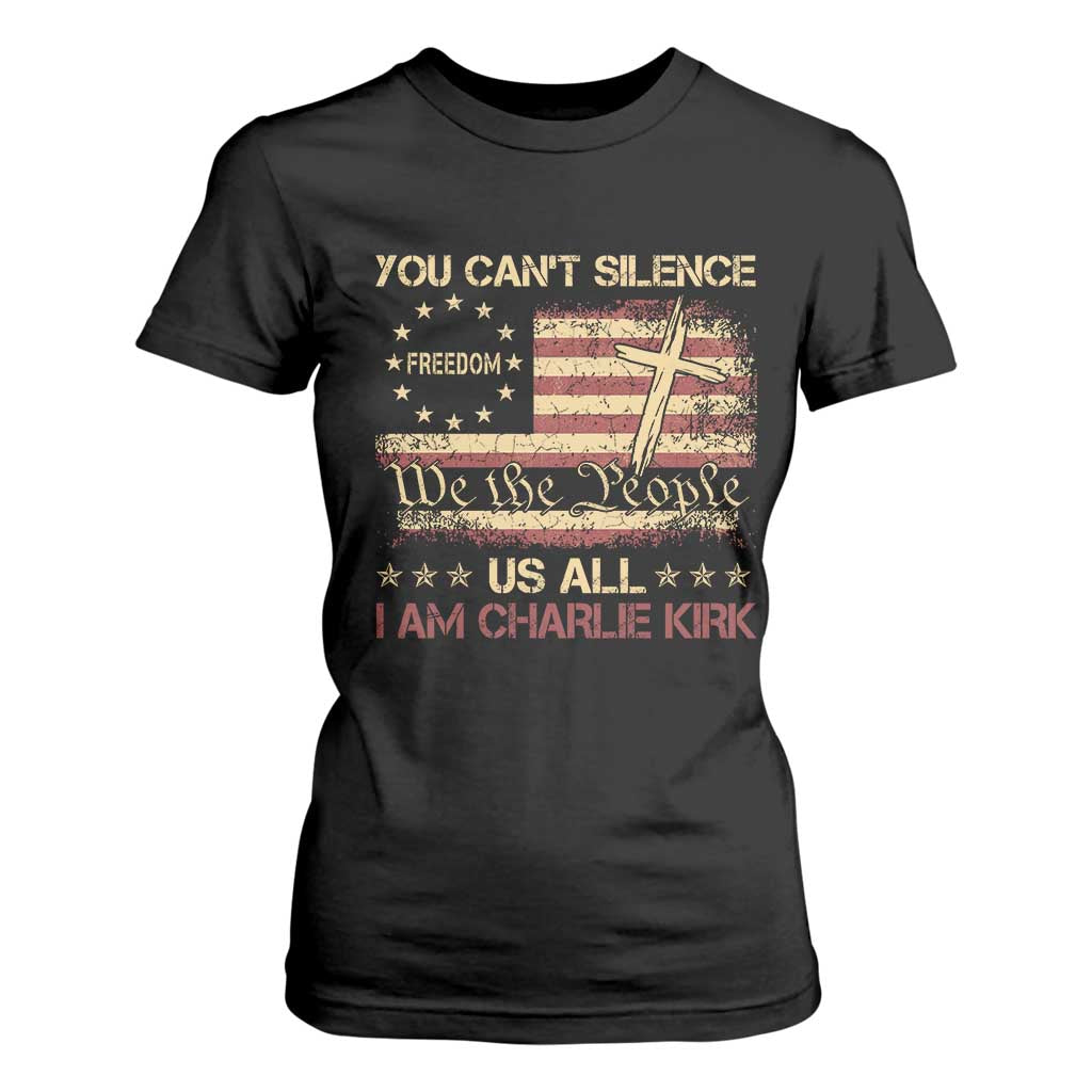Charlie Kirk T Shirt For Women You Cant Silence Us All Retro American Flag Cross TS10 Black Print Your Wear