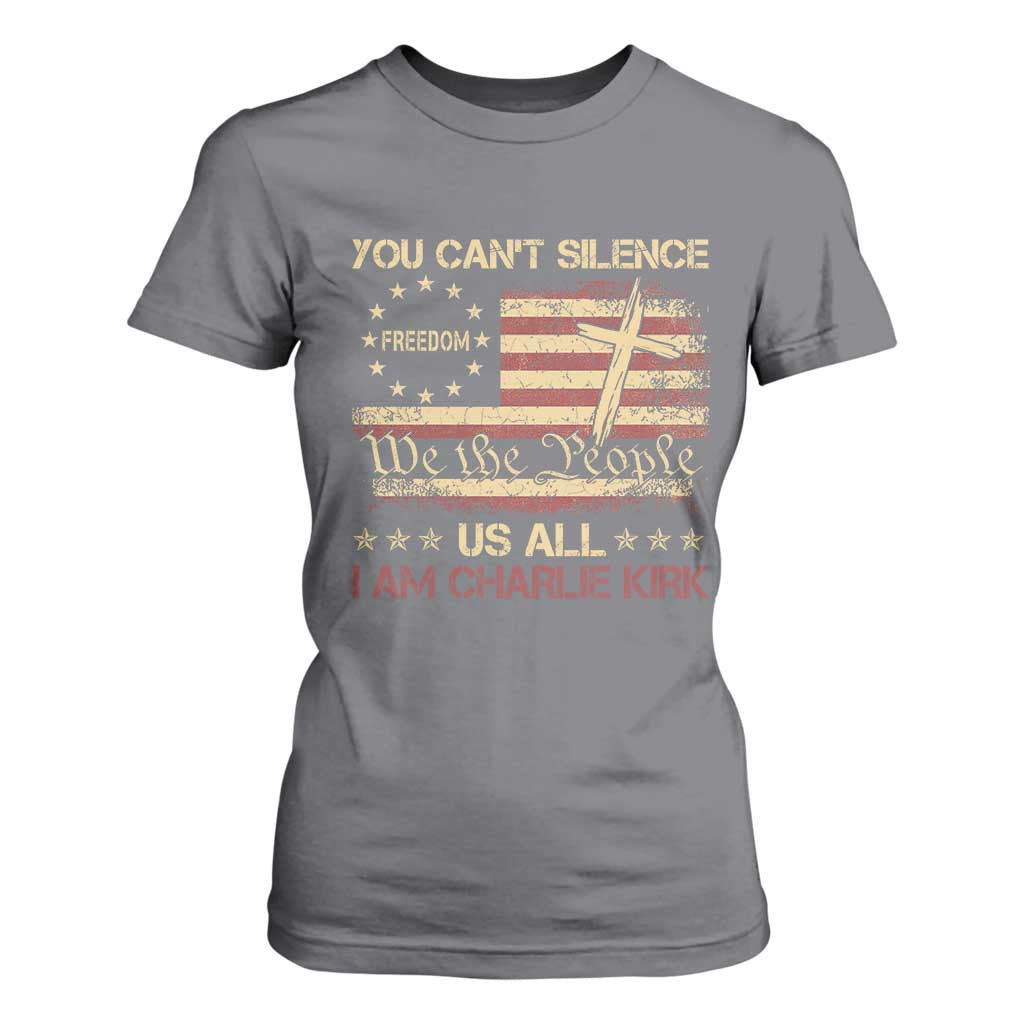 Charlie Kirk T Shirt For Women You Cant Silence Us All Retro American Flag Cross TS10 Charcoal Print Your Wear