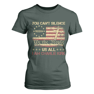 Charlie Kirk T Shirt For Women You Cant Silence Us All Retro American Flag Cross TS10 Dark Forest Green Print Your Wear