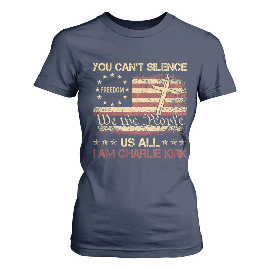 Charlie Kirk T Shirt For Women You Cant Silence Us All Retro American Flag Cross TS10 Navy Print Your Wear