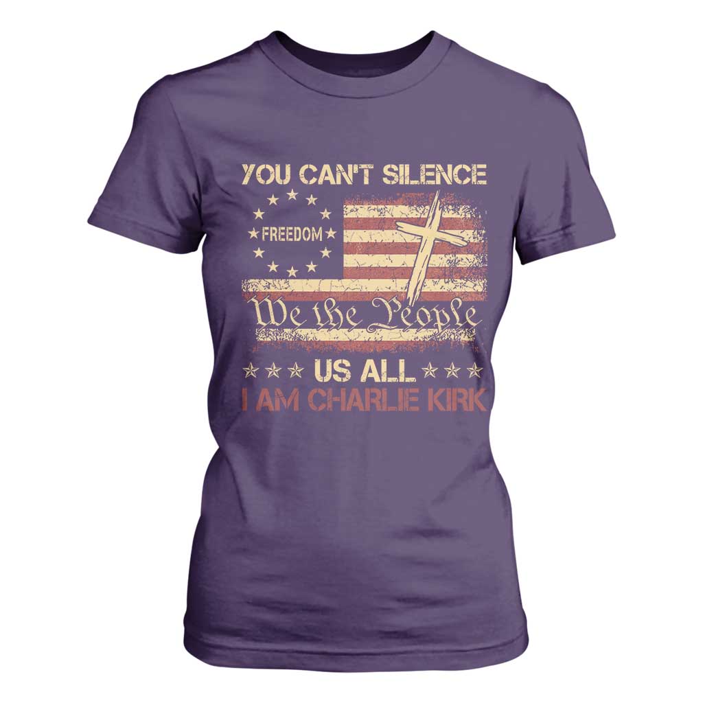 Charlie Kirk T Shirt For Women You Cant Silence Us All Retro American Flag Cross TS10 Purple Print Your Wear