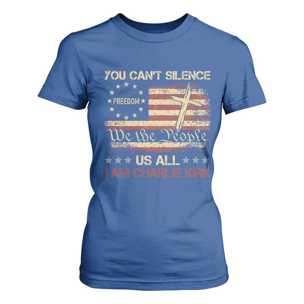 Charlie Kirk T Shirt For Women You Cant Silence Us All Retro American Flag Cross TS10 Royal Blue Print Your Wear